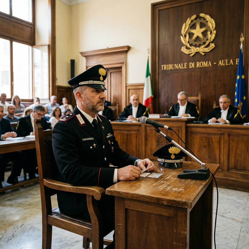 Carabinieri officer testifying at witness stand in Italian courtroom