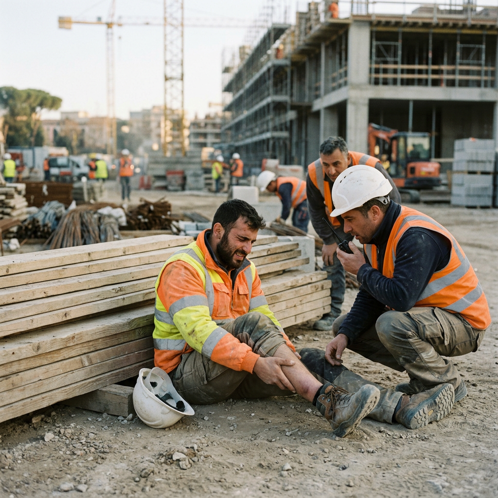 Construction worker sitting on ground holding injured leg with two coworkers assisting