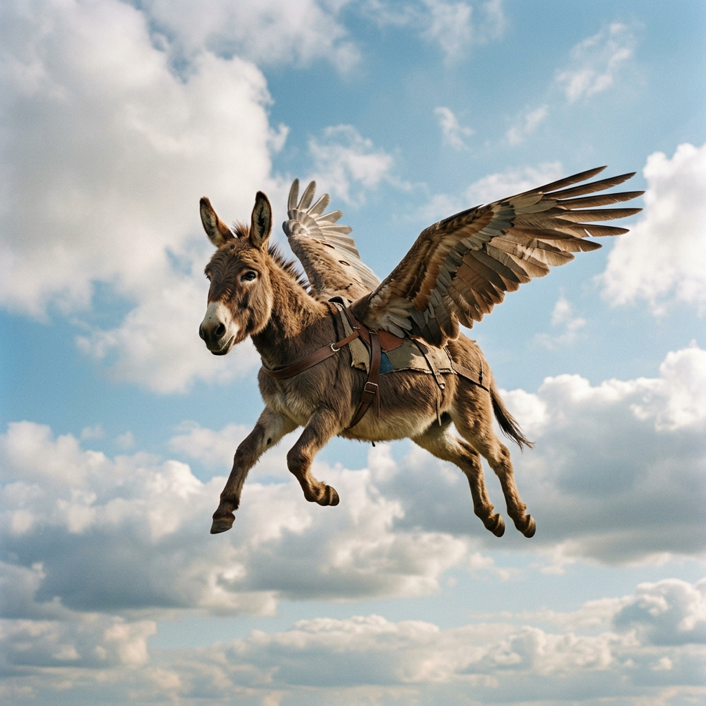 Donkey with large bird wings flying in a cloudy sky