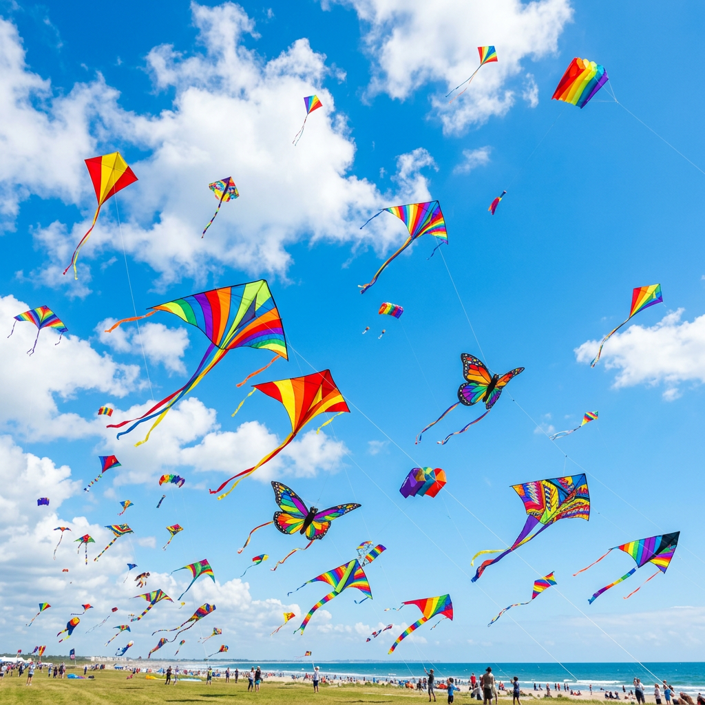 Multiple colorful kites flying in blue sky above a crowded beach