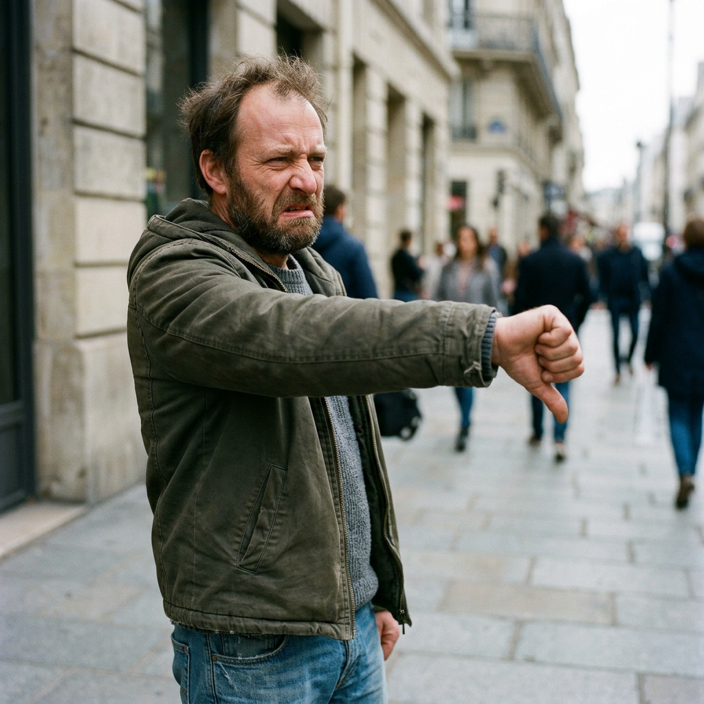 Man in green jacket giving thumbs down with displeased facial expression