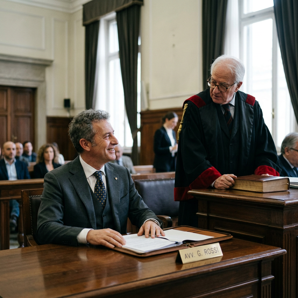 Lawyer smiling and talking with judge in courtroom