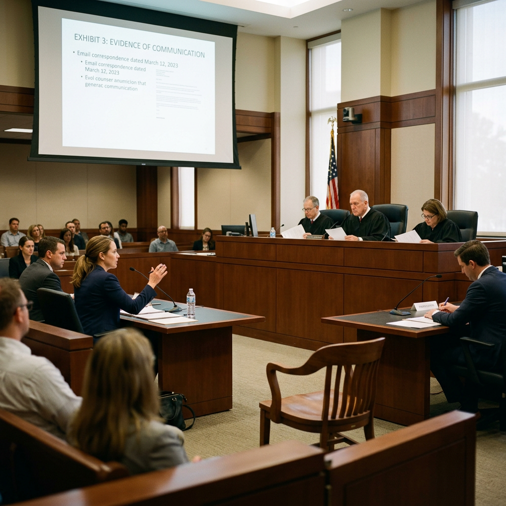 Three judges seated at the bench reviewing documents as a lawyer speaks into a microphone presenting evidence in a courtroom setting