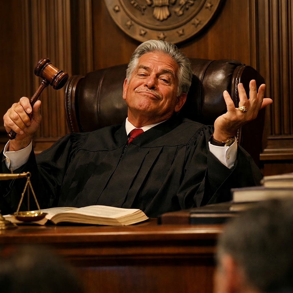 Judge in black robe holding a gavel with a confident expression in courtroom