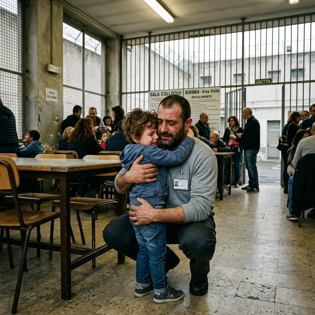 Man kneeling and hugging young child in prison visitation room