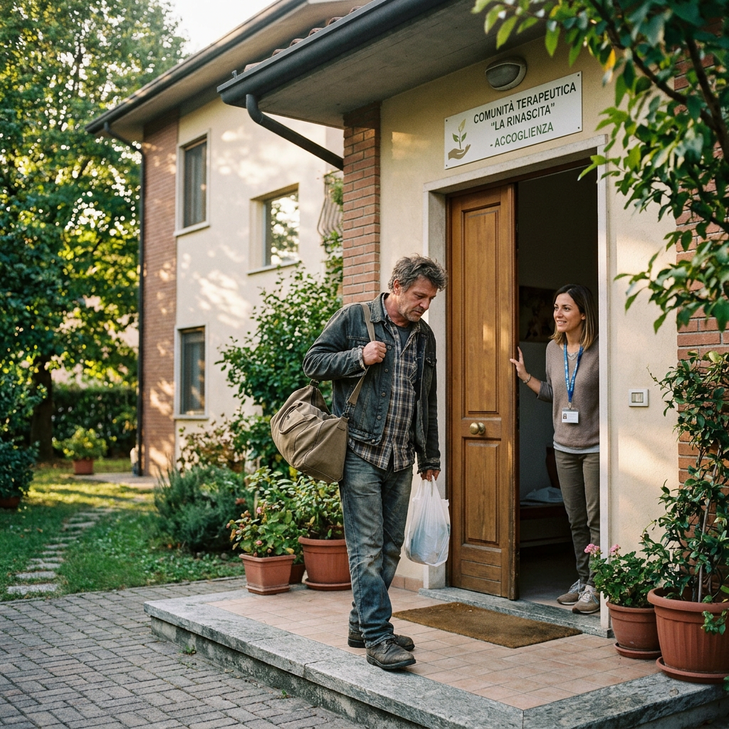 Man with bags entering therapeutic community center welcomed by staff member
