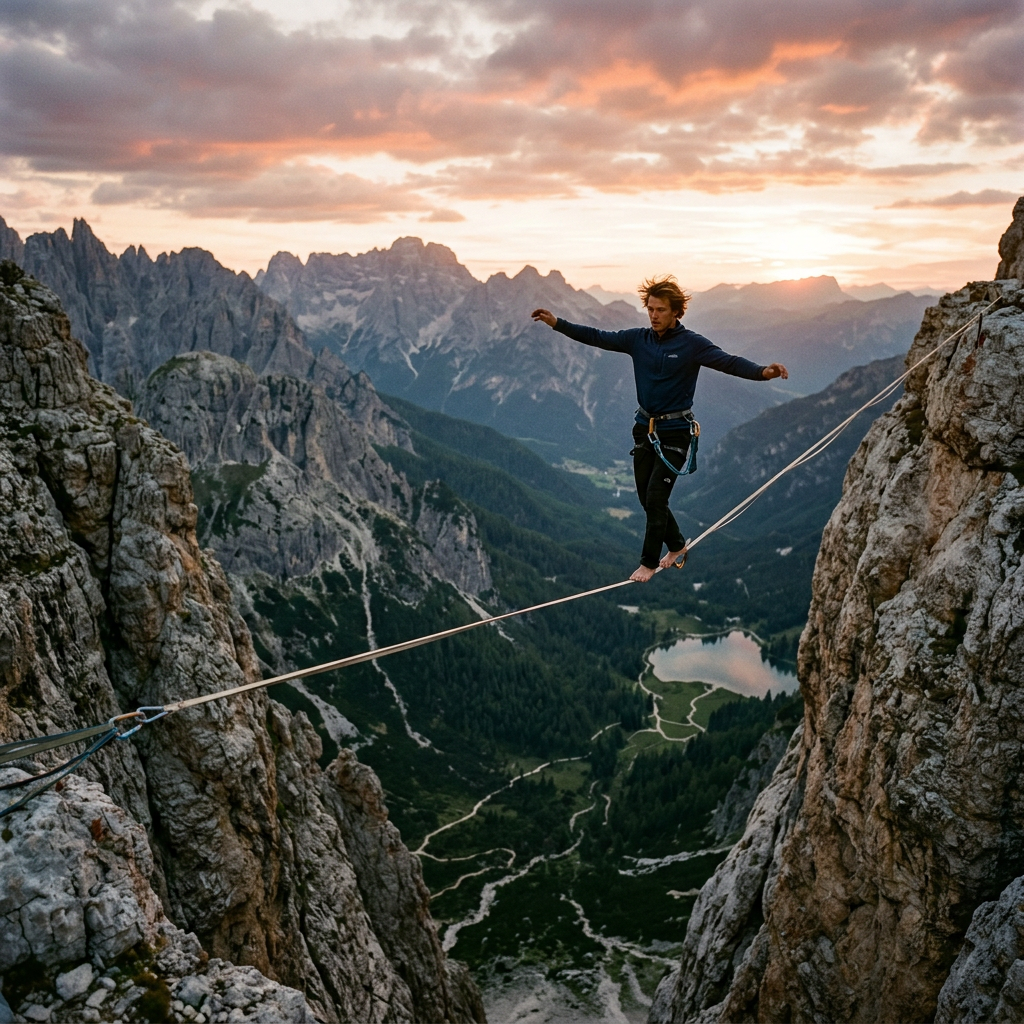 Person walking on a highline rope suspended between cliffs with mountains and sunset behind