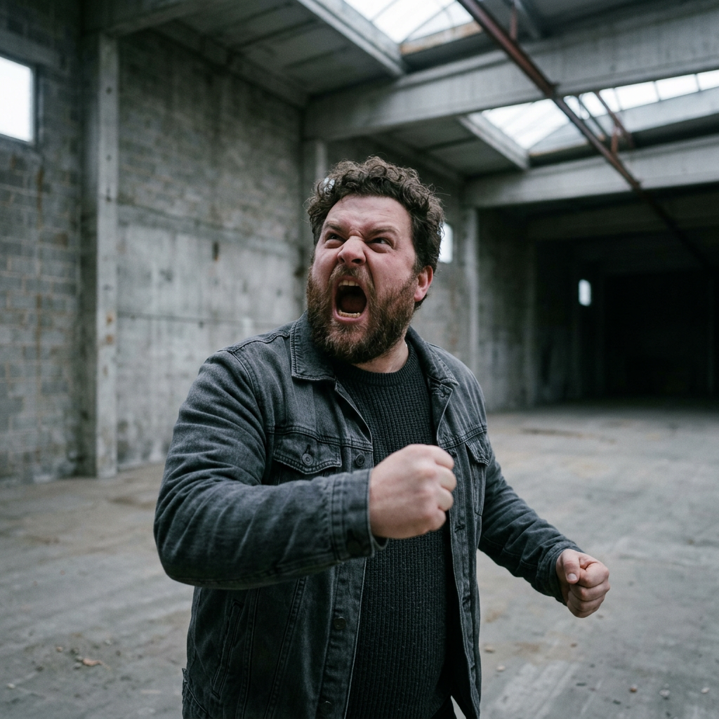 Angry man yelling with clenched fists inside a large empty industrial building
