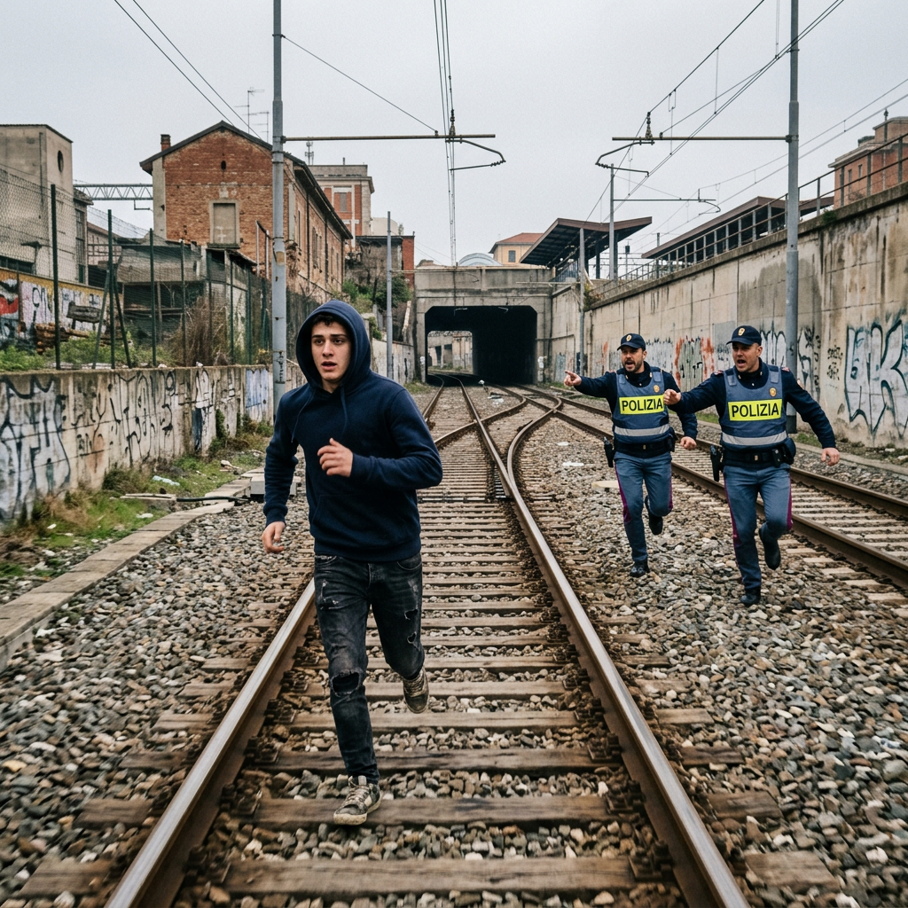 Young man running on railway tracks with two police officers pursuing him