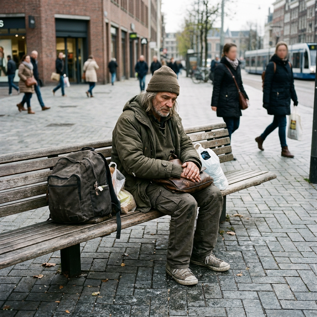 Homeless man sitting on a wooden bench in an urban area with people walking by and a tram in the background
