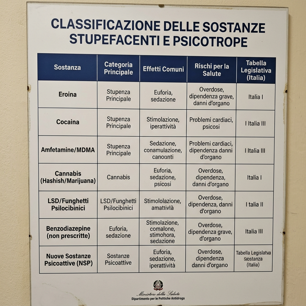 Classification of drugs including heroin, cocaine, MDMA, cannabis, LSD, benzodiazepines, and new psychoactive substances with effects, health risks, and Italian legal categories.
