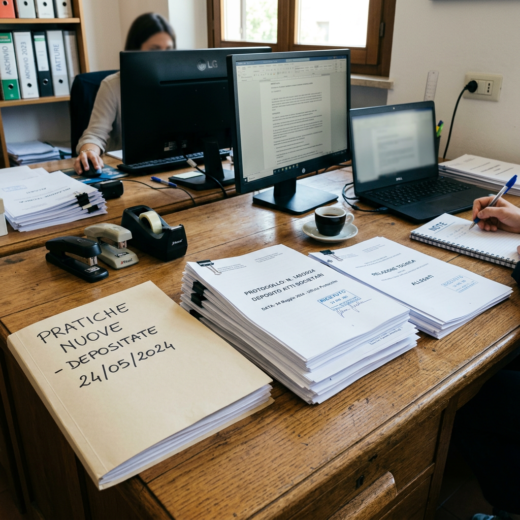 Office desk with stacks of documents, two computer monitors, a laptop, and people working