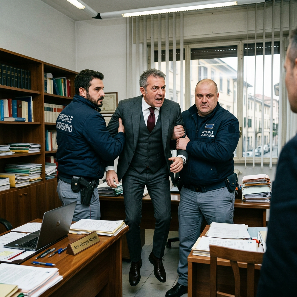 Two officers holding a man in a suit who appears agitated in an office