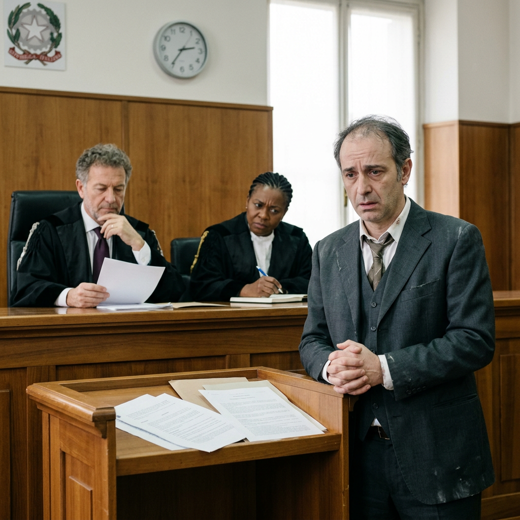 Man in suit pleading at witness stand while two judges examine papers in courtroom