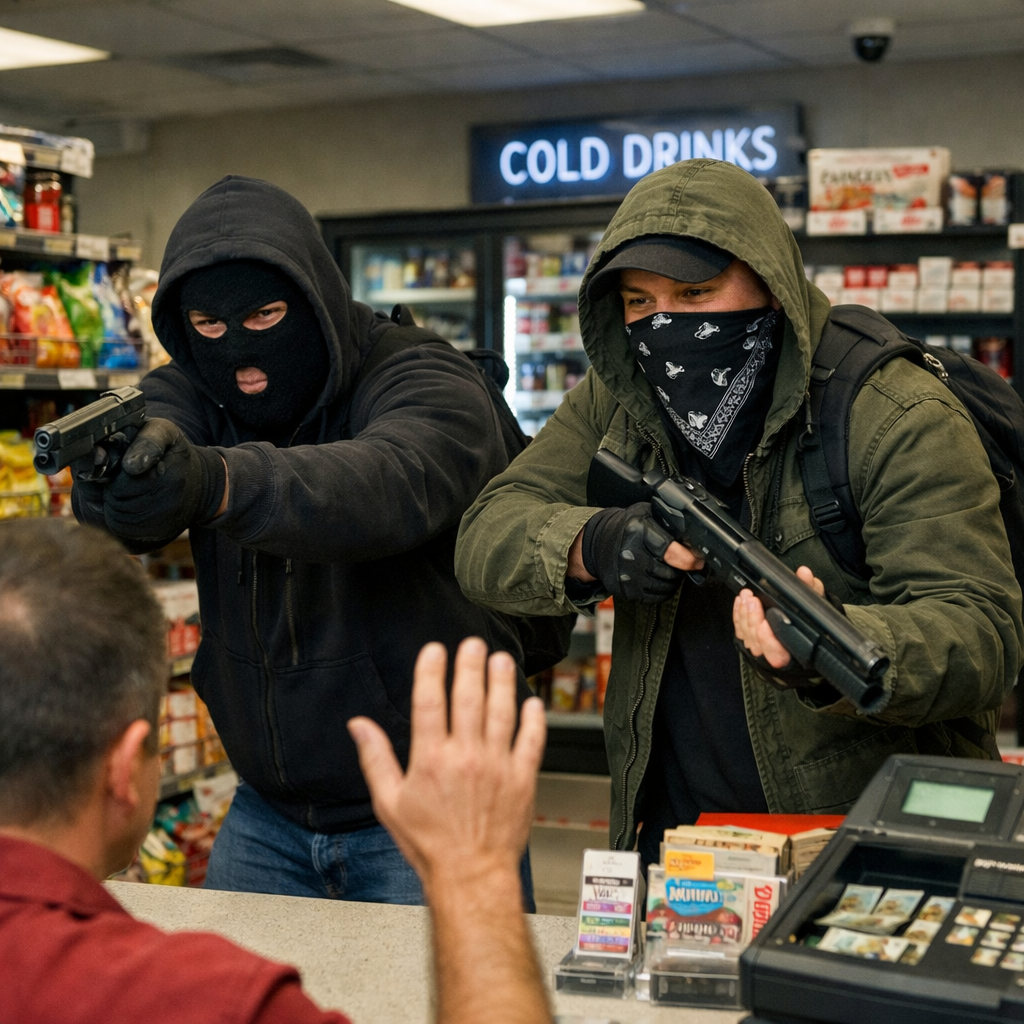 Two masked men holding guns threatening a cashier in a convenience store.