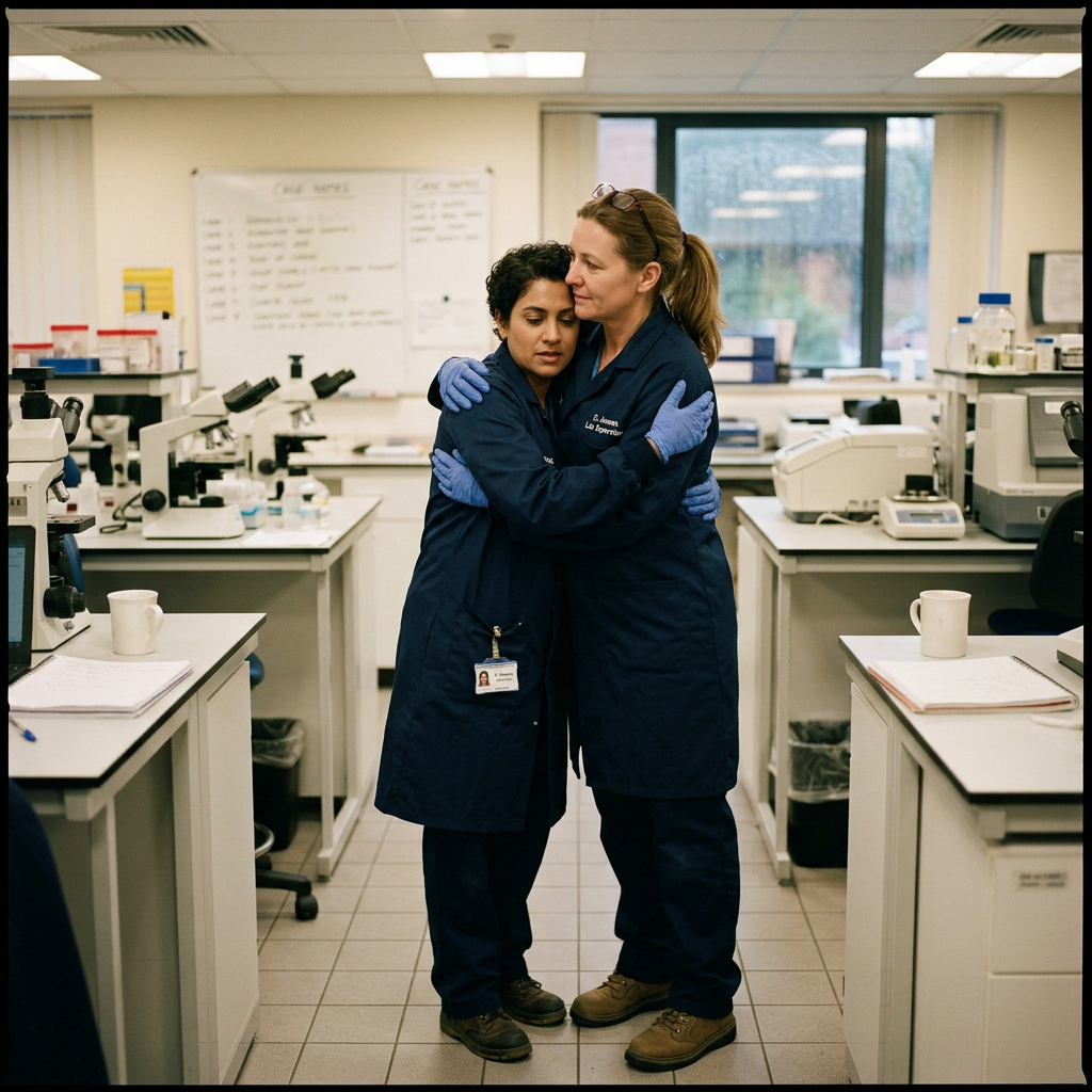 Two female scientists in blue lab coats embracing in a laboratory