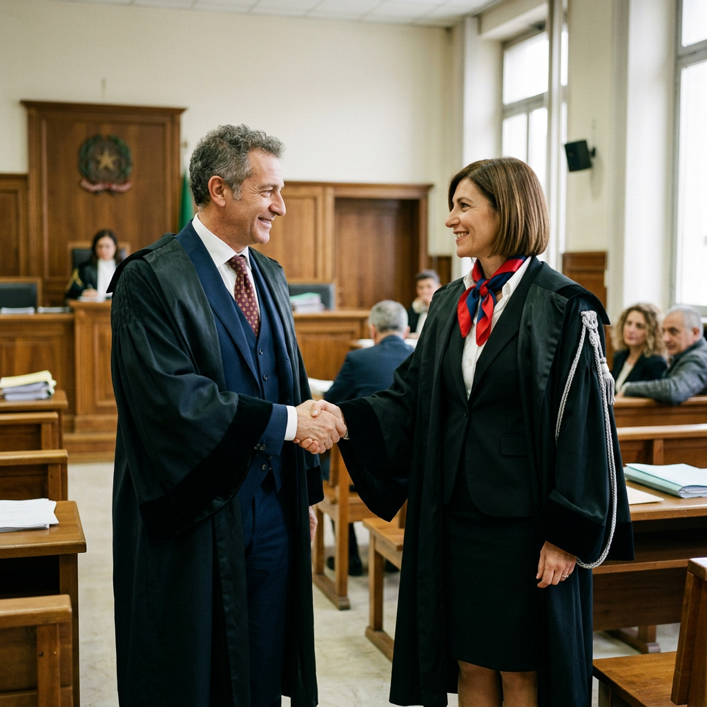Two lawyers in judicial robes shaking hands inside a courtroom