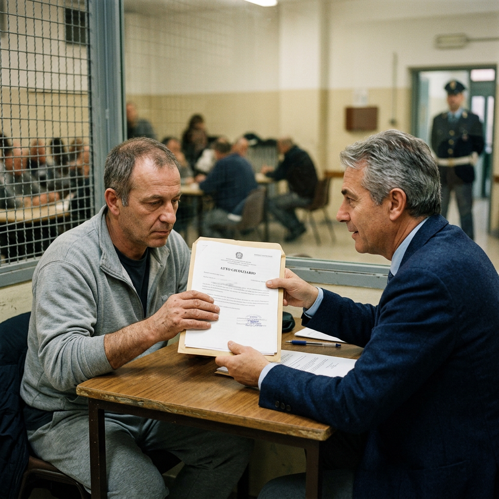 Man in gray tracksuit receiving legal documents from man in blue suit in detention center