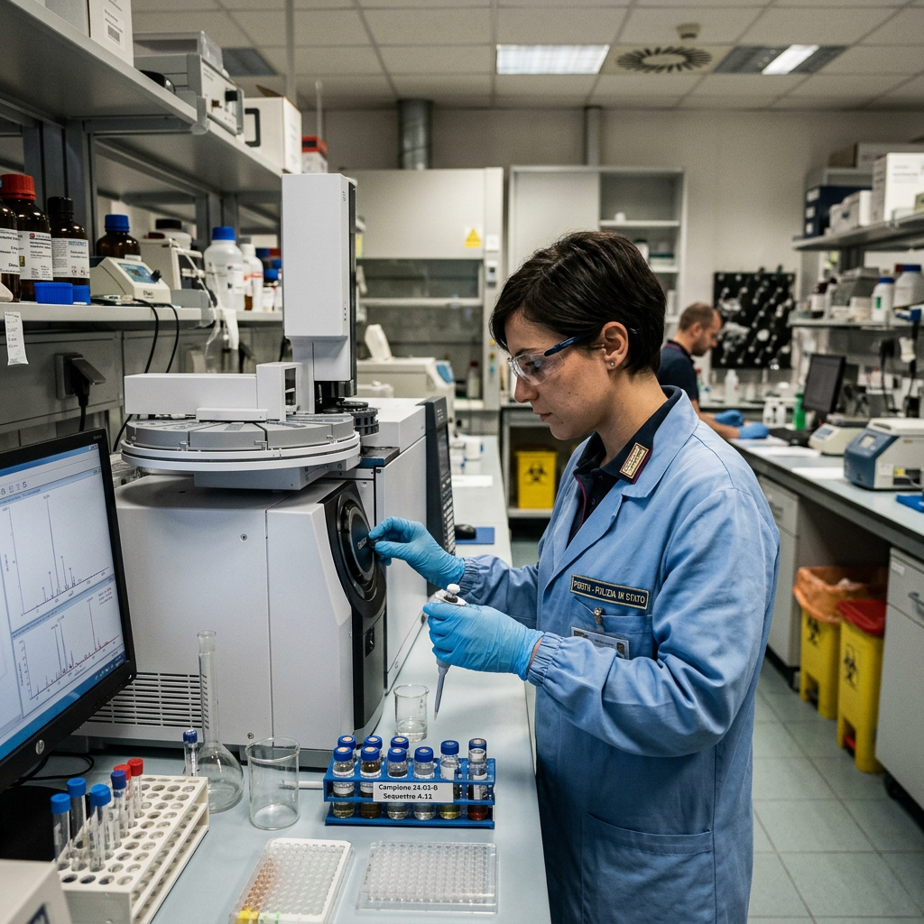 Scientist in blue lab coat and gloves handling samples at chemical analysis machine