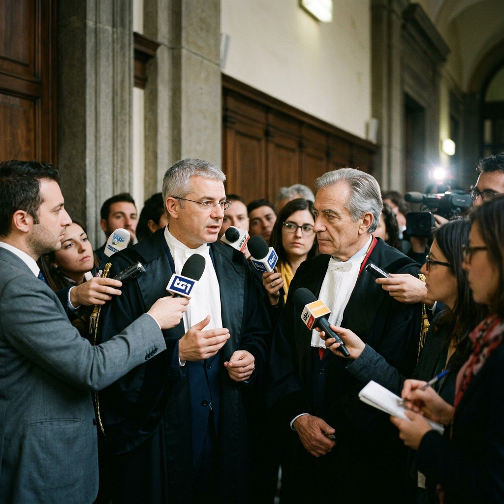 Two lawyers in robes answering questions from journalists holding microphones and recording devices