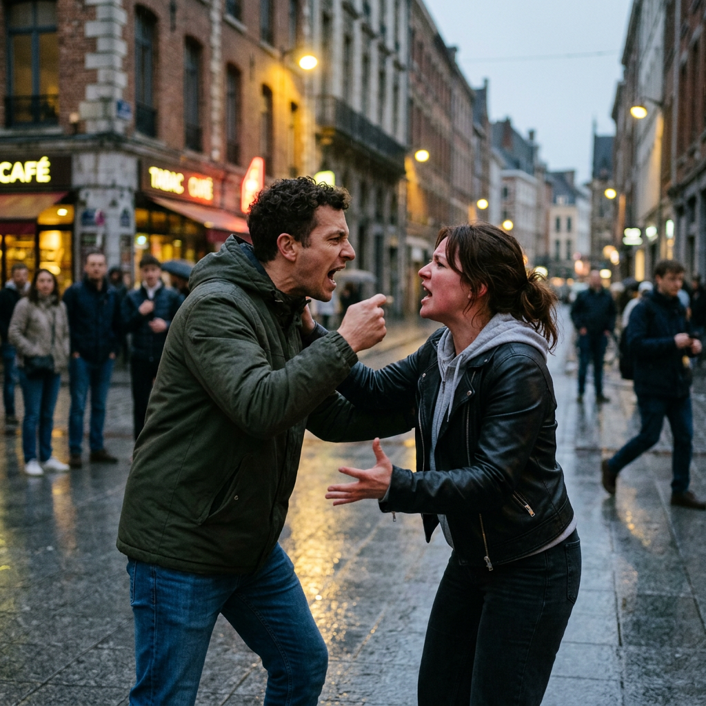 Man and woman shouting at each other on a city street with bystanders