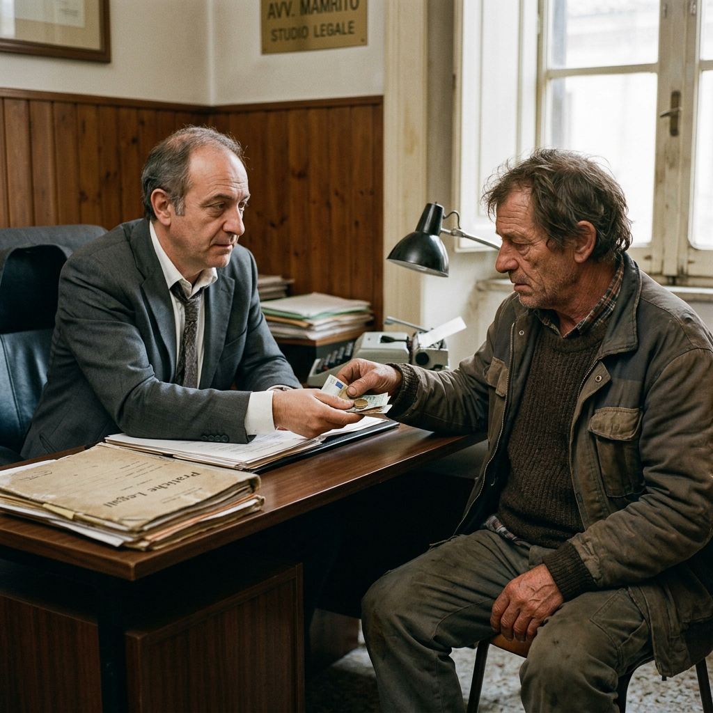Two men exchanging money across an office desk in a legal setting