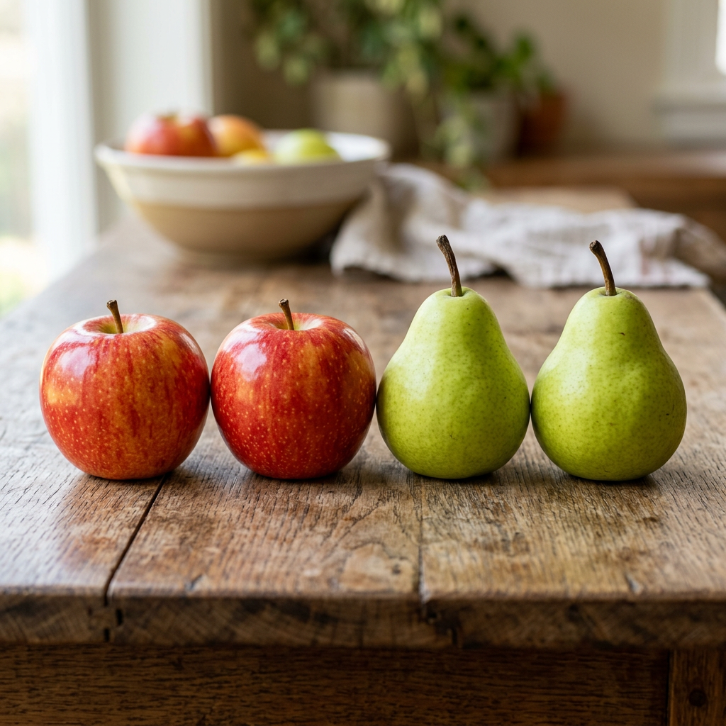 Two red apples and two green pears placed side by side on a wooden table
