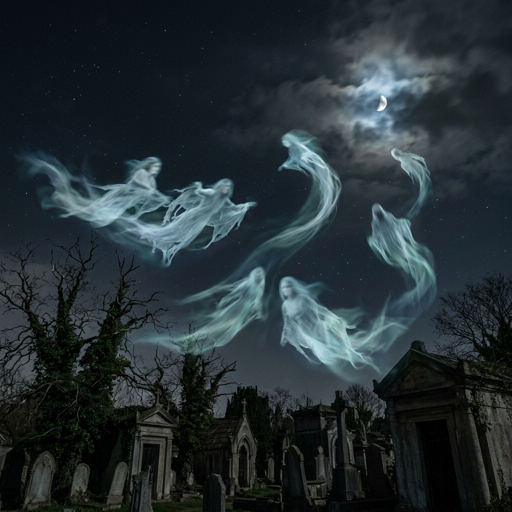 Semi-transparent ghostly figures floating above tombstones in a moonlit cemetery