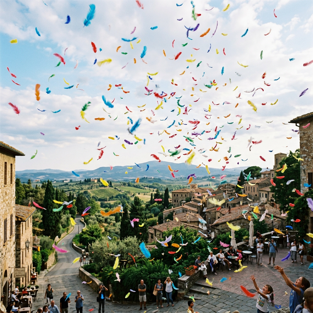 Children throwing colorful feathers in the air in a village square with people watching
