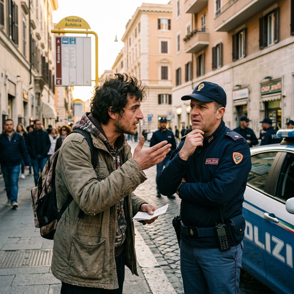 Man speaking to police officer on city street near bus stop
