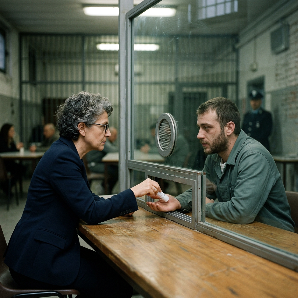 Woman handing a note to a male prisoner through a glass partition in a jail visiting room