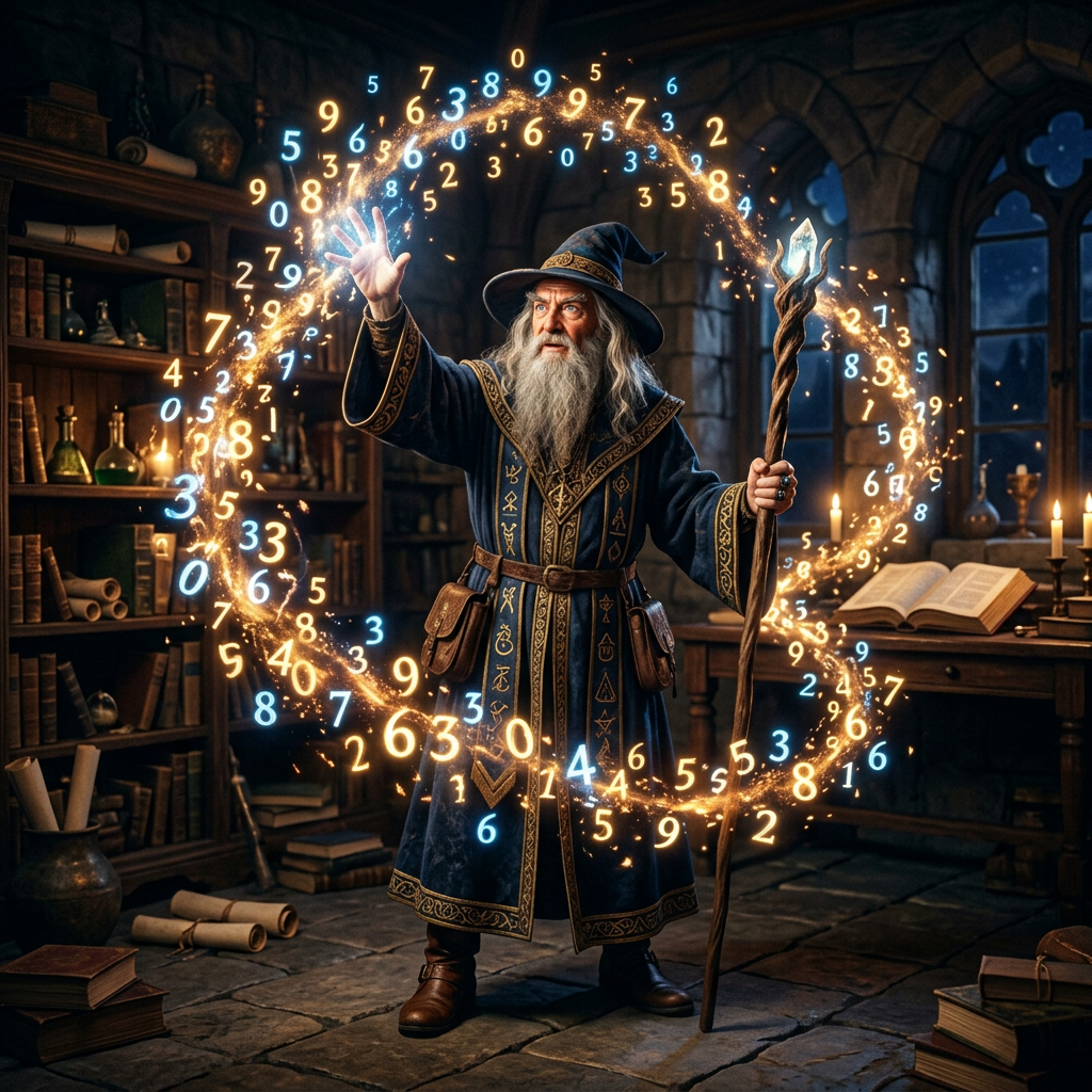 Wizard casting a magical spell creating a glowing circle of numbers in a library