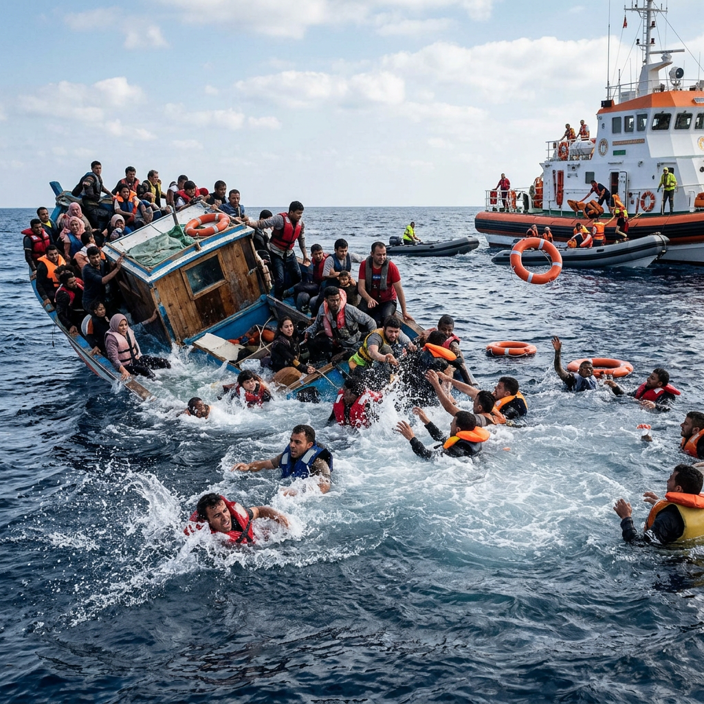 Migrants wearing life jackets being rescued from a sinking boat in the sea by a coast guard ship.
