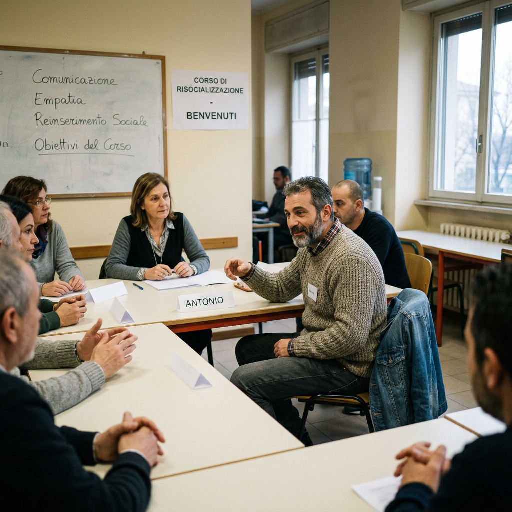 Group of adults seated around tables in a classroom during a social reintegration course