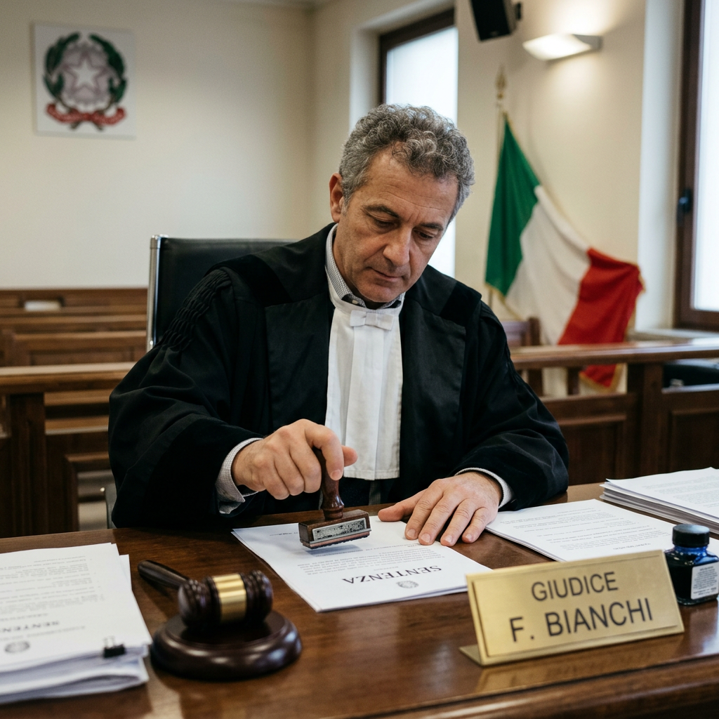 Judge in judicial robe stamping a document labeled SENTENZA at a wooden desk
