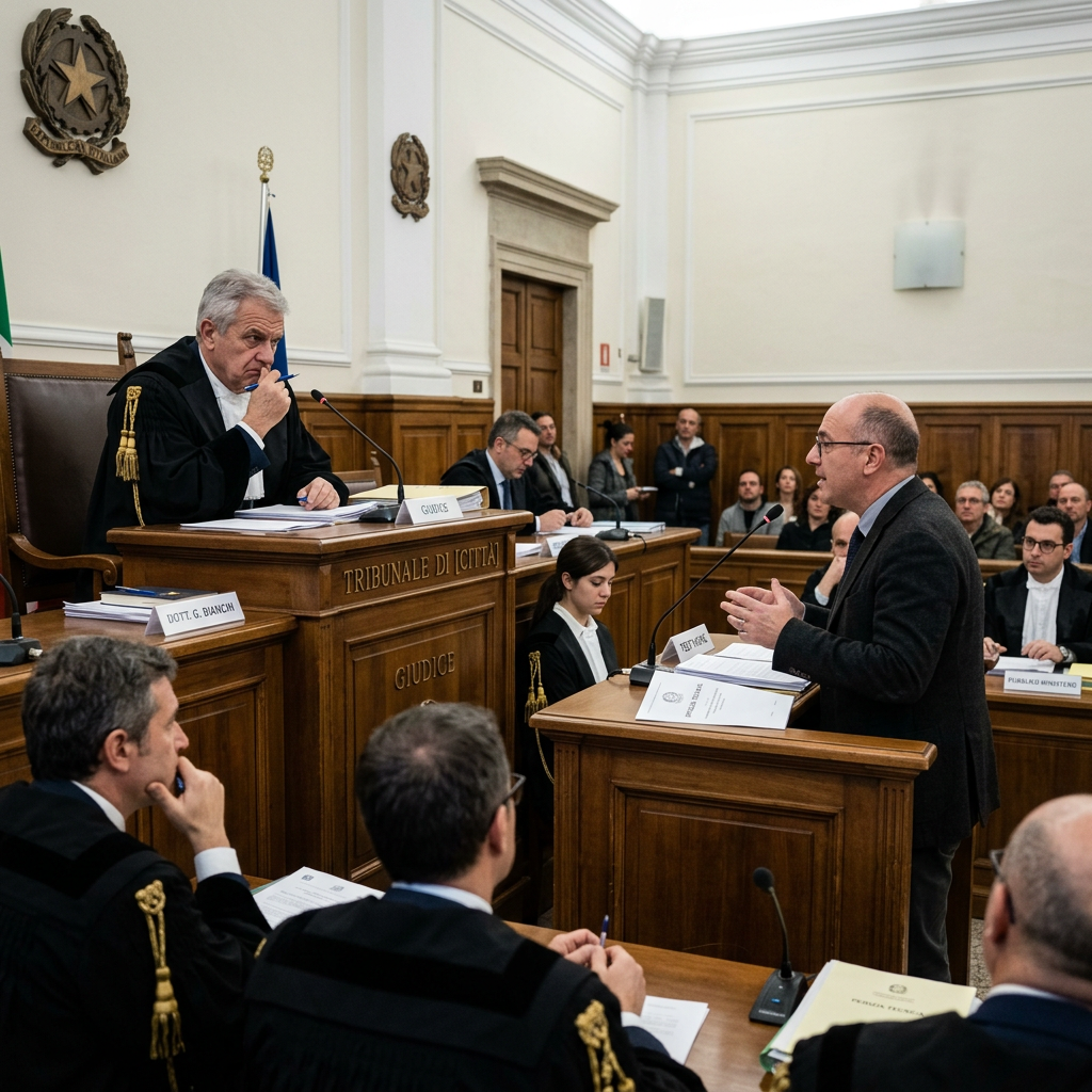 Judge seated listening to a lawyer speaking at a courtroom trial
