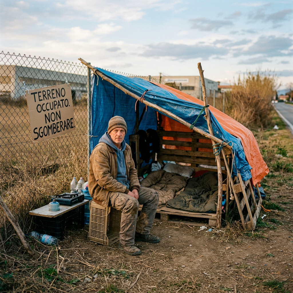 Man sitting on a crate outside a homemade tent with sign 'Terreno occupato. Non sgomberare.'