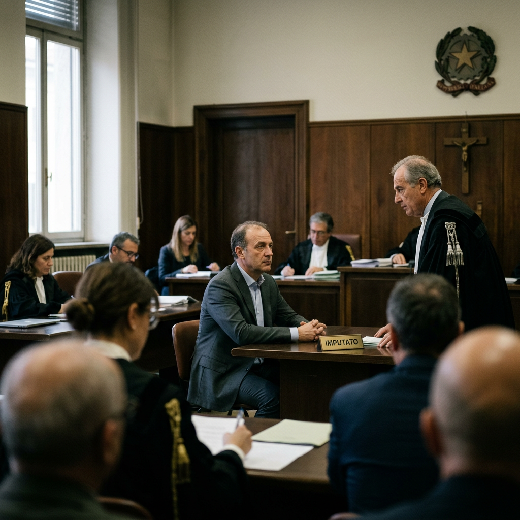 Defendant seated at a table labeled 'Imputato' talking with his lawyer in a courtroom