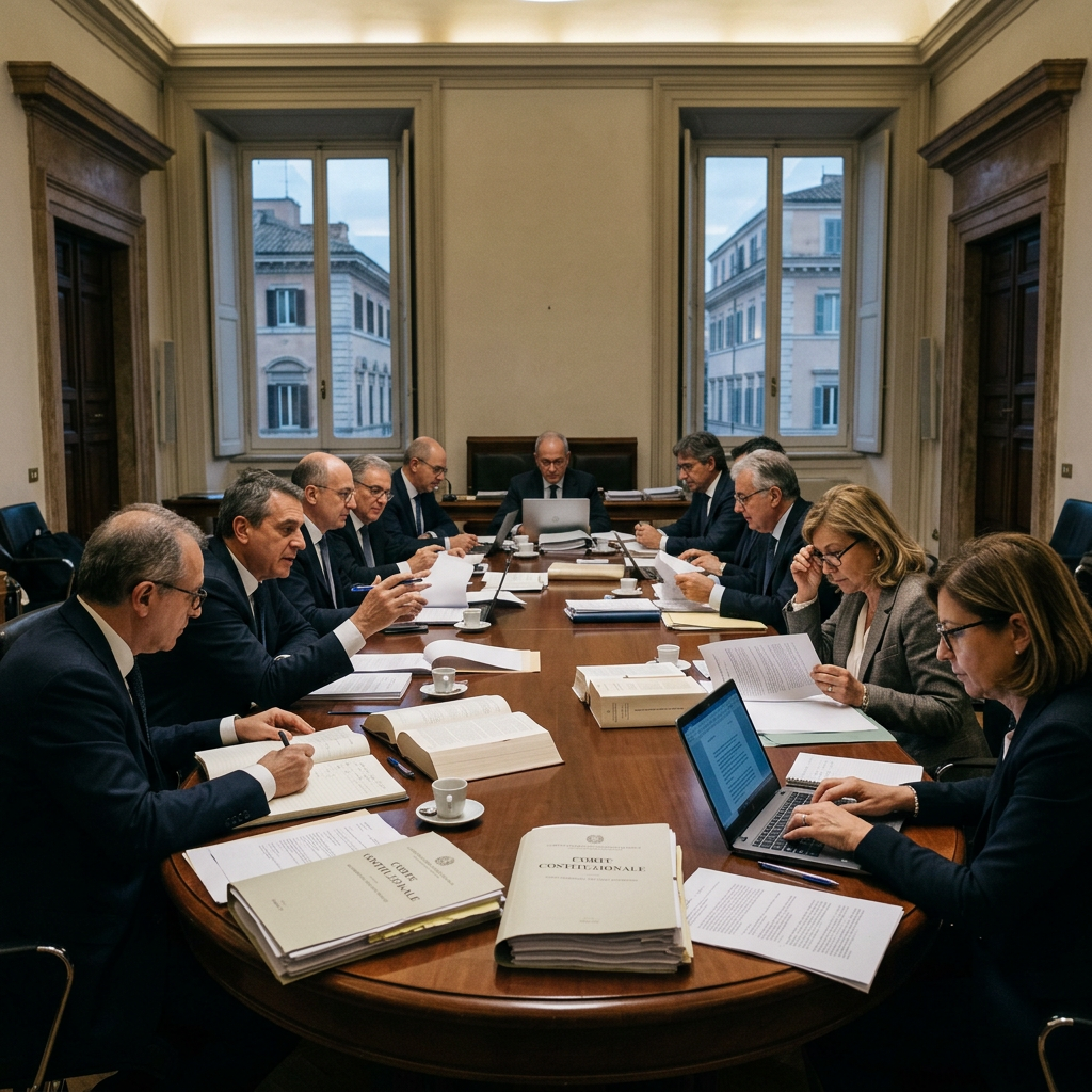 Group of legal professionals reviewing documents and laptops in a formal meeting room