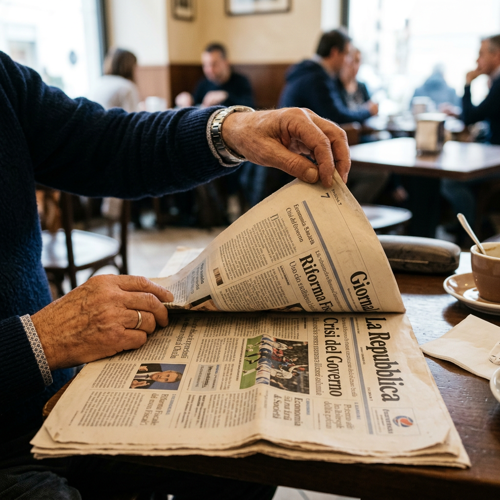 Hands holding and turning pages of Italian newspaper La Repubblica in a café