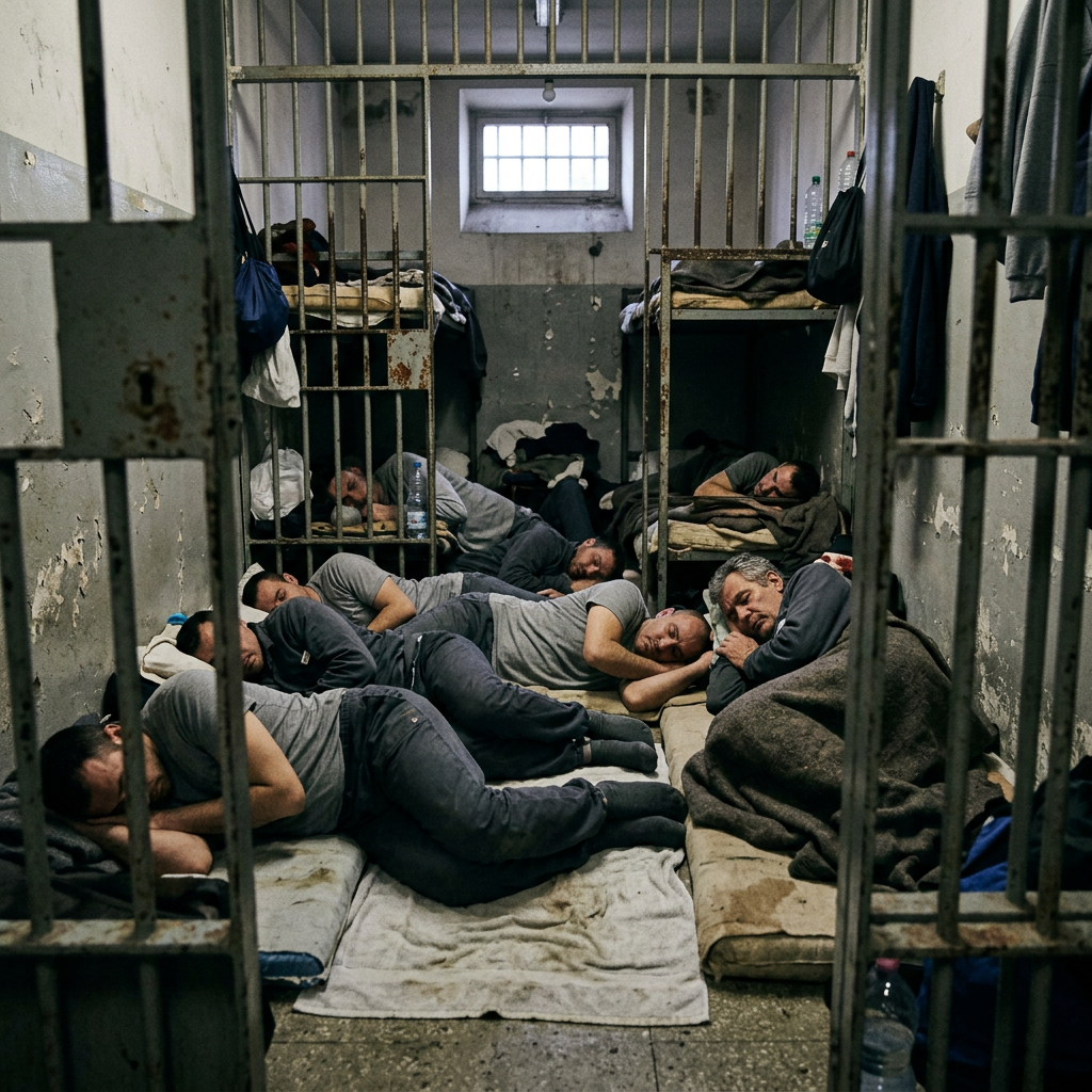 Overcrowded prison cell with multiple inmates sleeping on bunk beds and floor