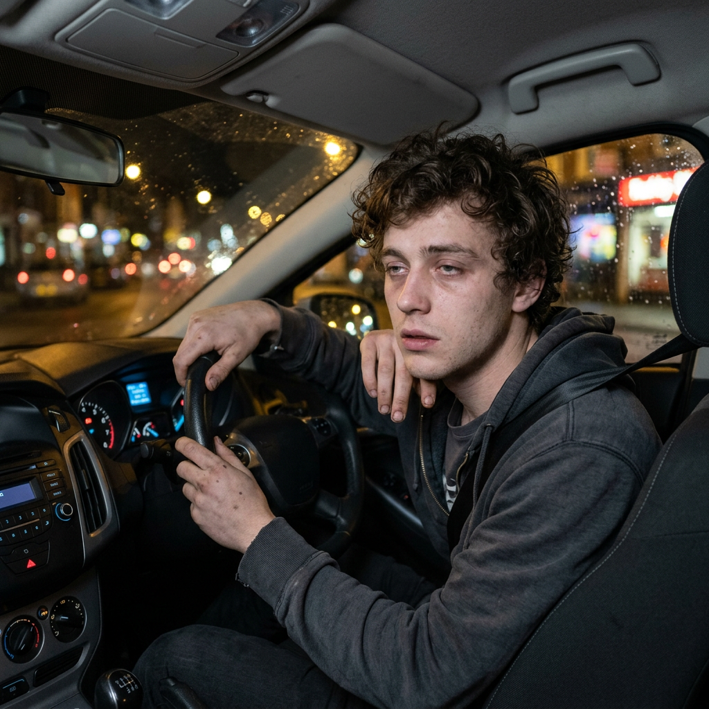 Young man driving a car at night appearing tired and sleepy