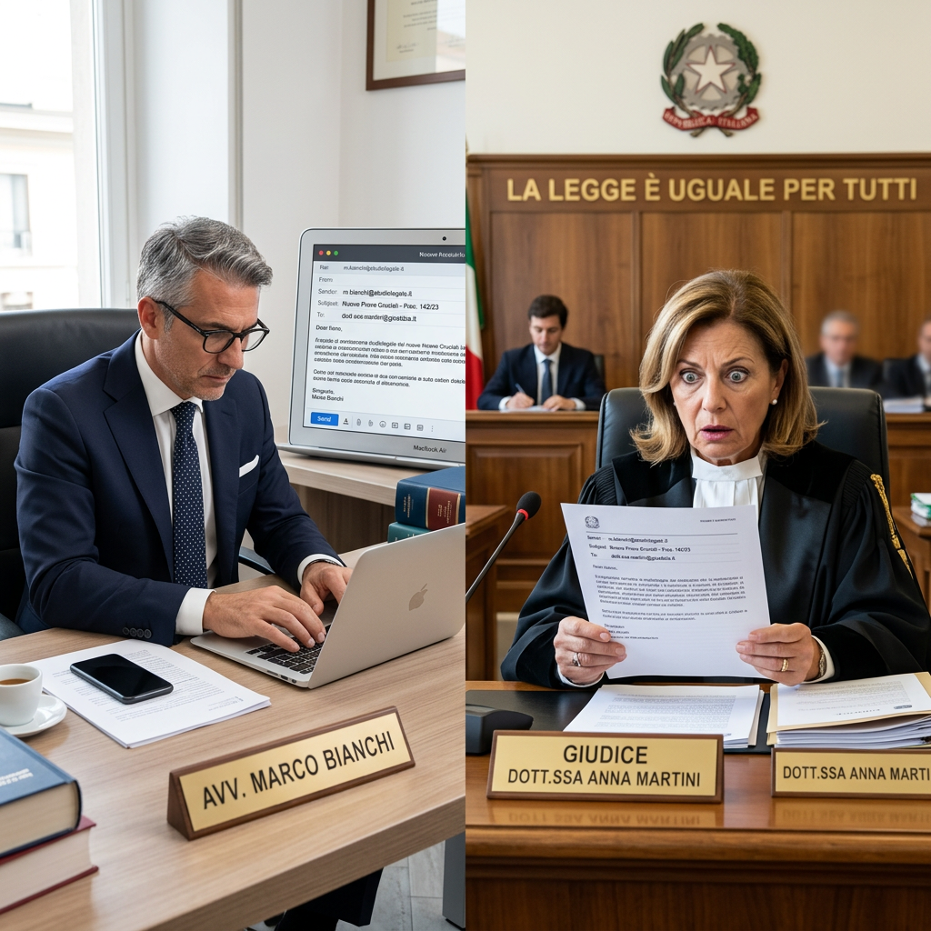 Italian lawyer Marco Bianchi working on a laptop and judge Anna Martini reviewing documents in a courtroom