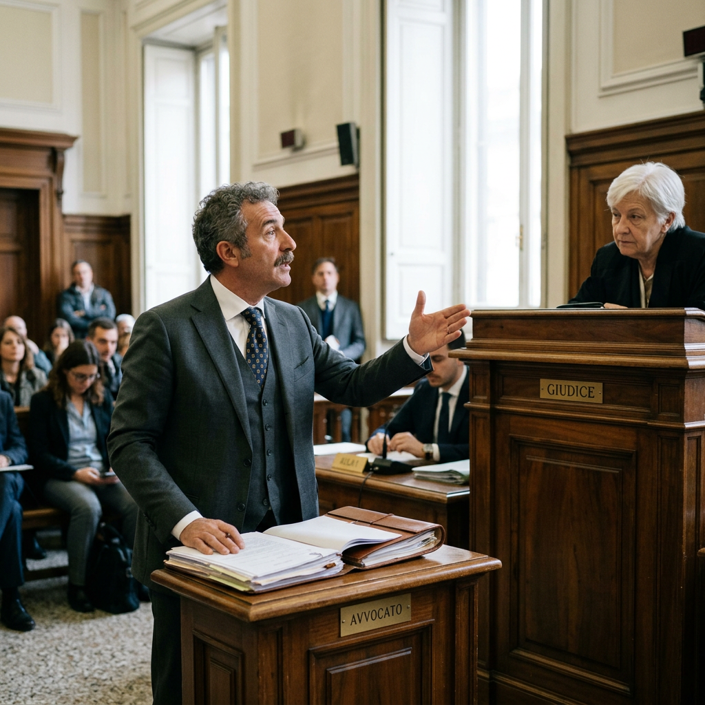 Lawyer making a case to a judge in courtroom
