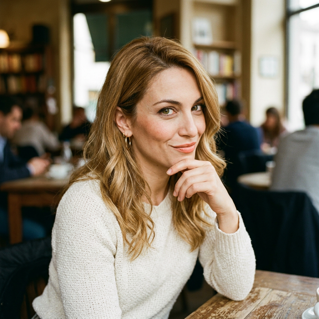 Woman with blonde hair wearing a white sweater sitting at a wooden table in a cafe.