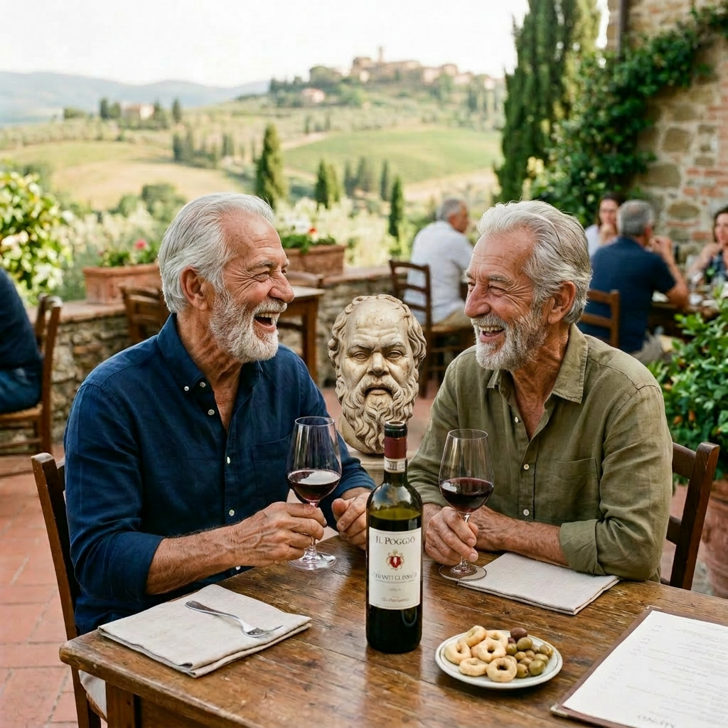 Couple laughing and drinking red wine at an outdoor terrace in Tuscany