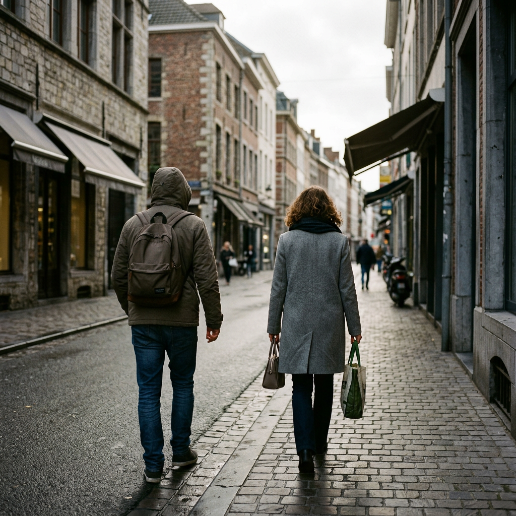 Two people walking away on a cobblestone street in an urban area with stone buildings