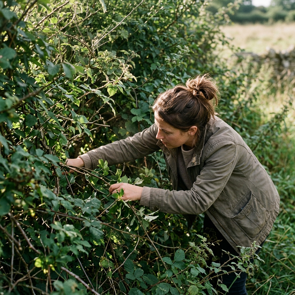Woman foraging blackberries from dense green hedge outdoors