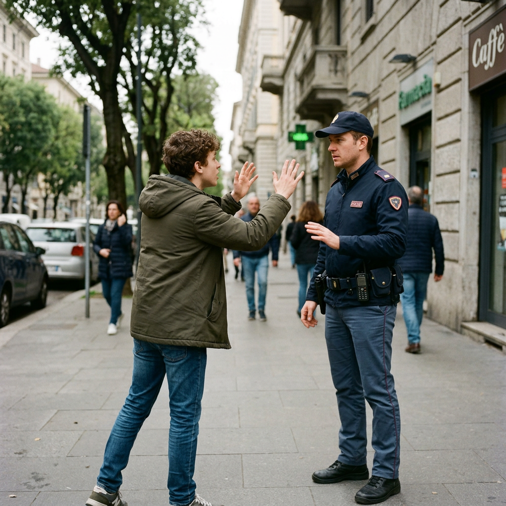 Young man gesturing while talking to a police officer on sidewalk