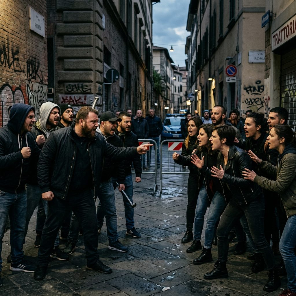 Two groups of people arguing aggressively in a narrow street with graffiti and police presence